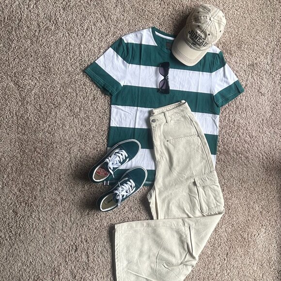 New SELECTED green & White Striped Cotton T-Shirt - Size L (Unisex) - Picture 5 of 8